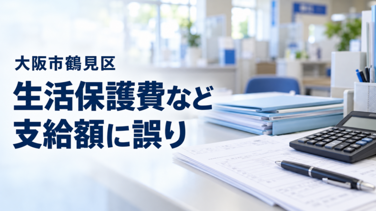 行政窓口を背景に、書類や電卓を置いた机の実写風イメージに、「大阪市鶴見区」「生活保護費など」「支給額に誤り」と記した画像。実際の区役所や対象者の書類を撮影した写真ではない。