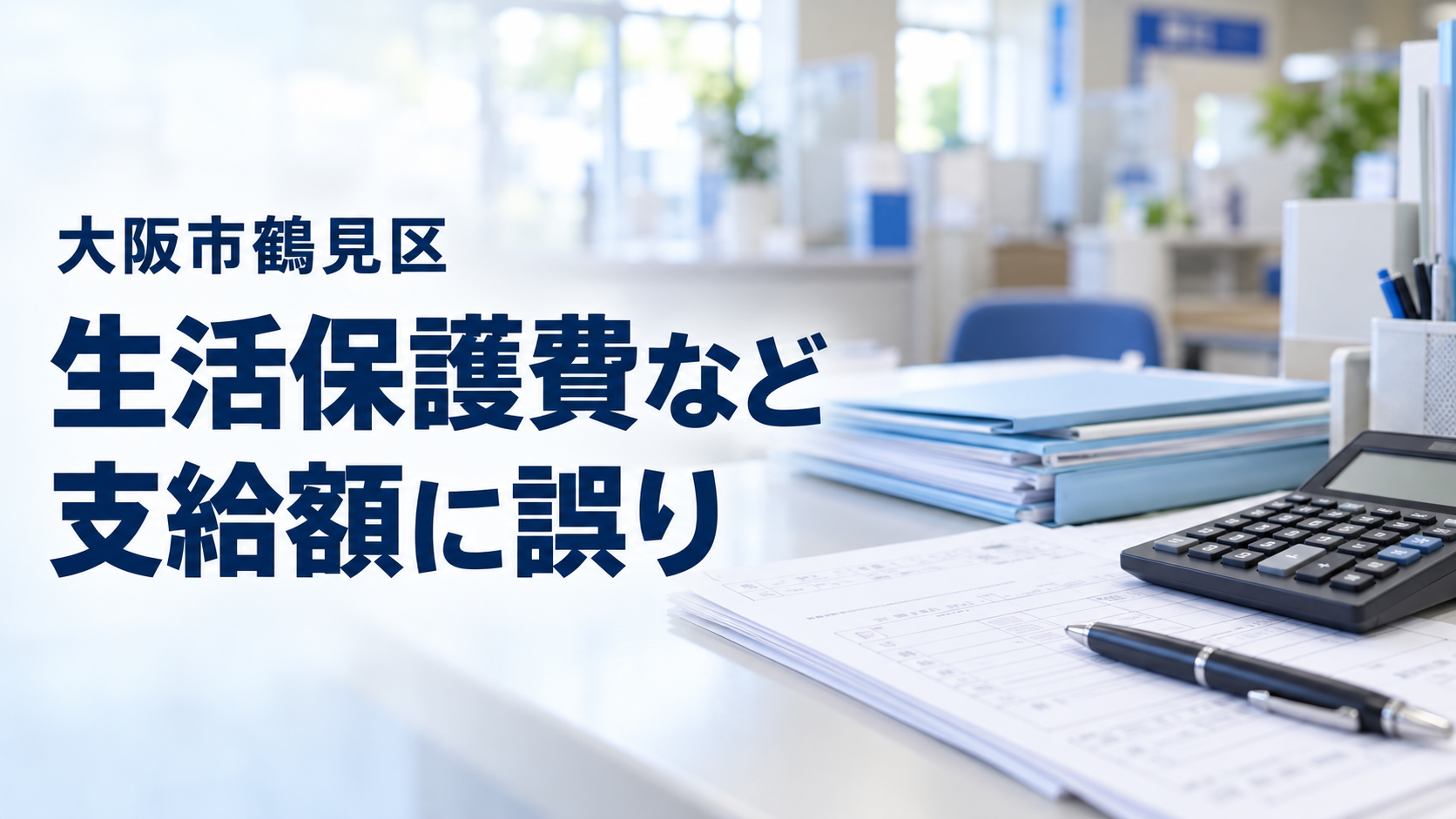 行政窓口を背景に、書類や電卓を置いた机の実写風イメージに、「大阪市鶴見区」「生活保護費など」「支給額に誤り」と記した画像。実際の区役所や対象者の書類を撮影した写真ではない。