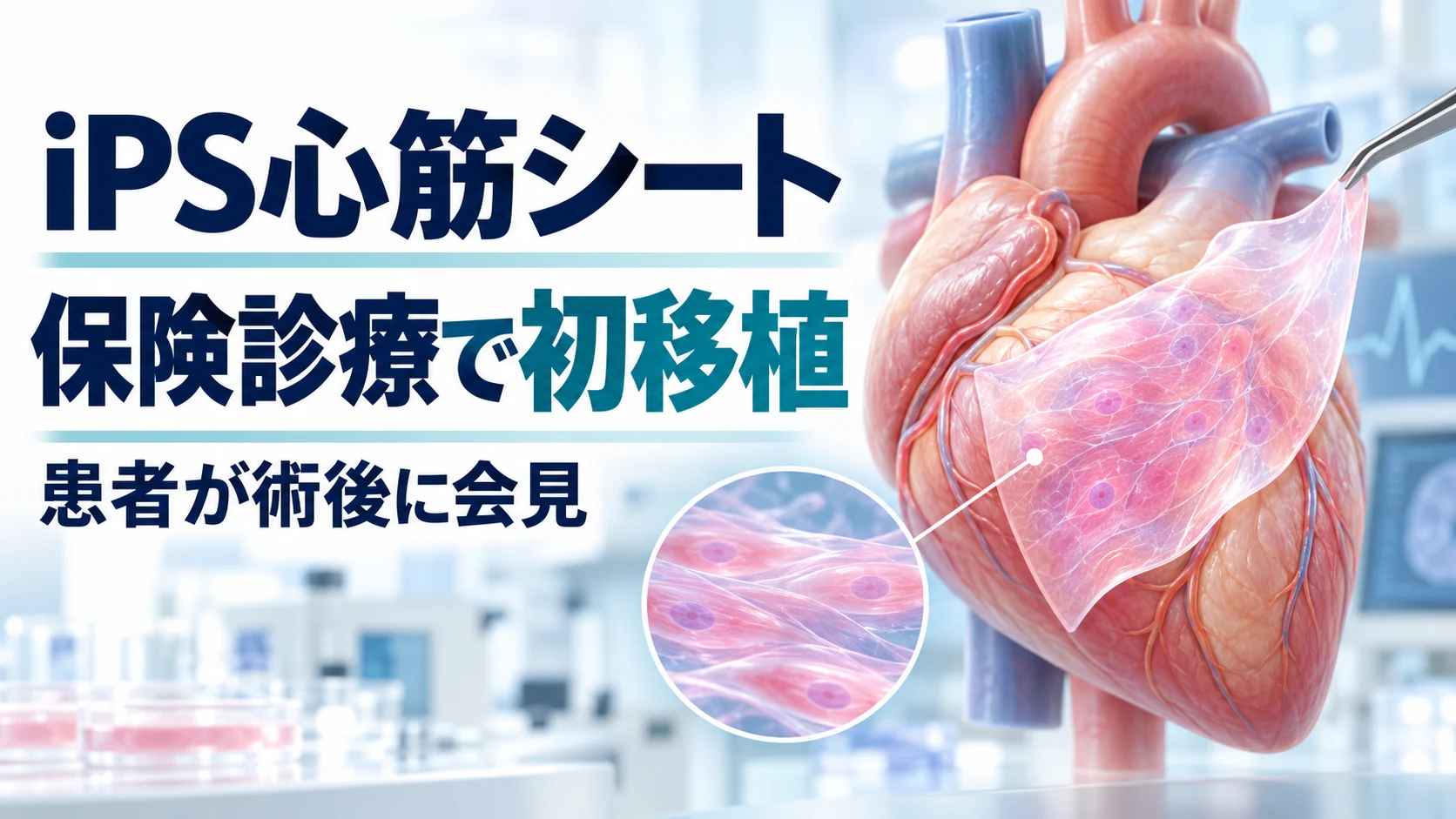 心臓の模型と薄い細胞シートを描き、iPS心筋シートの保険診療での初移植と患者の術後会見を伝えるイメージ画像