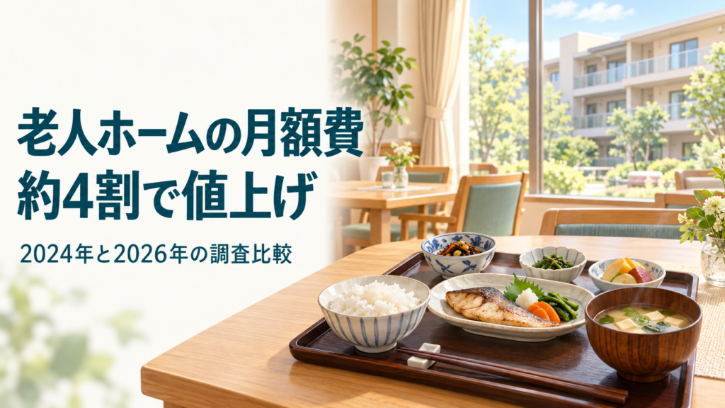 明るい食堂の食事と高齢者住宅のイメージに、「老人ホームの月額費 約4割で値上げ」「2024年と2026年の調査比較」と記した画像
