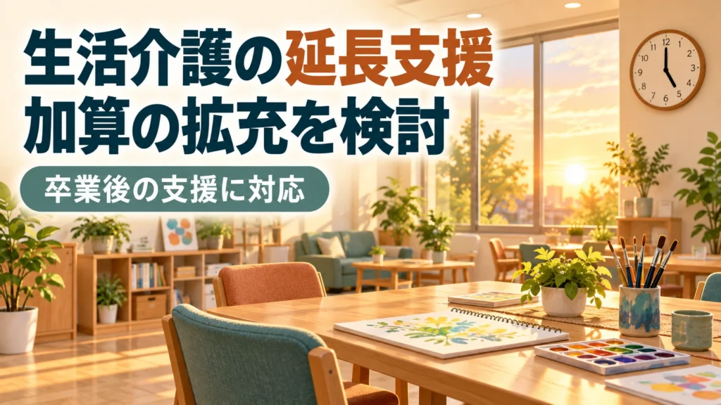 夕日が差す活動室と画材、時計を背景に、生活介護の延長支援加算の拡充検討と卒業後の支援を伝える画像