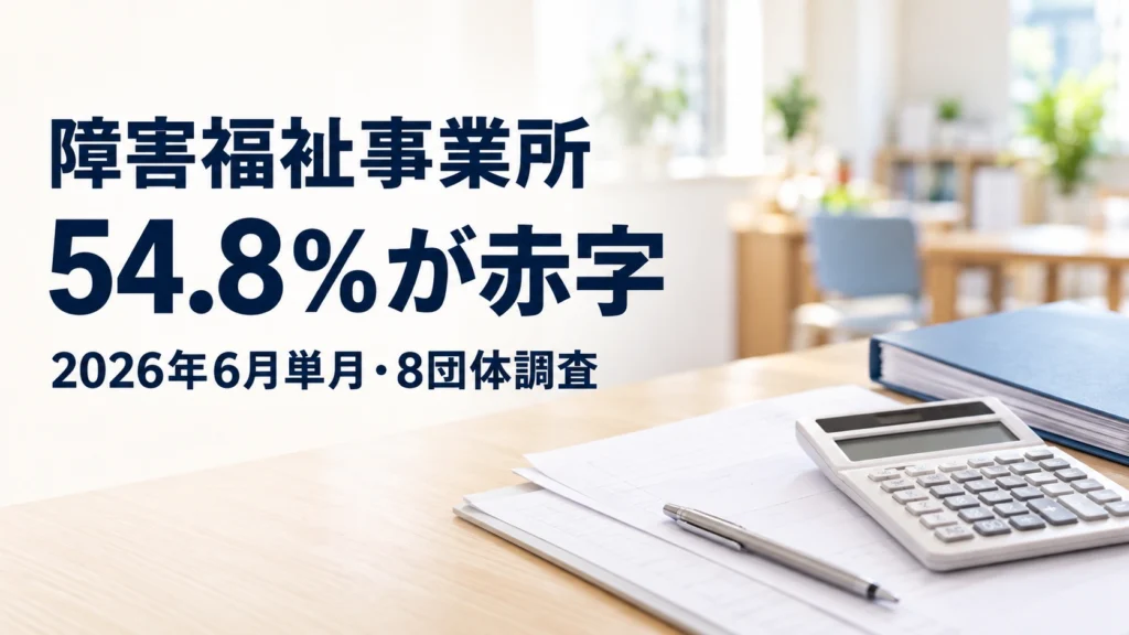 電卓や書類、青いファイルが置かれた机の実写風イメージに、「障害福祉事業所」「54.8％が赤字」「2026年6月単月・8団体調査」と記した画像。実際の事業所を撮影したものではない。