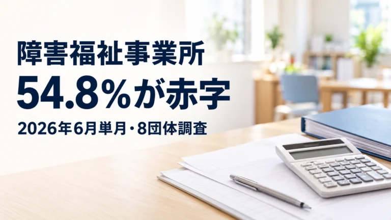 電卓や書類、青いファイルが置かれた机の実写風イメージに、「障害福祉事業所」「54.8％が赤字」「2026年6月単月・8団体調査」と記した画像。実際の事業所を撮影したものではない。