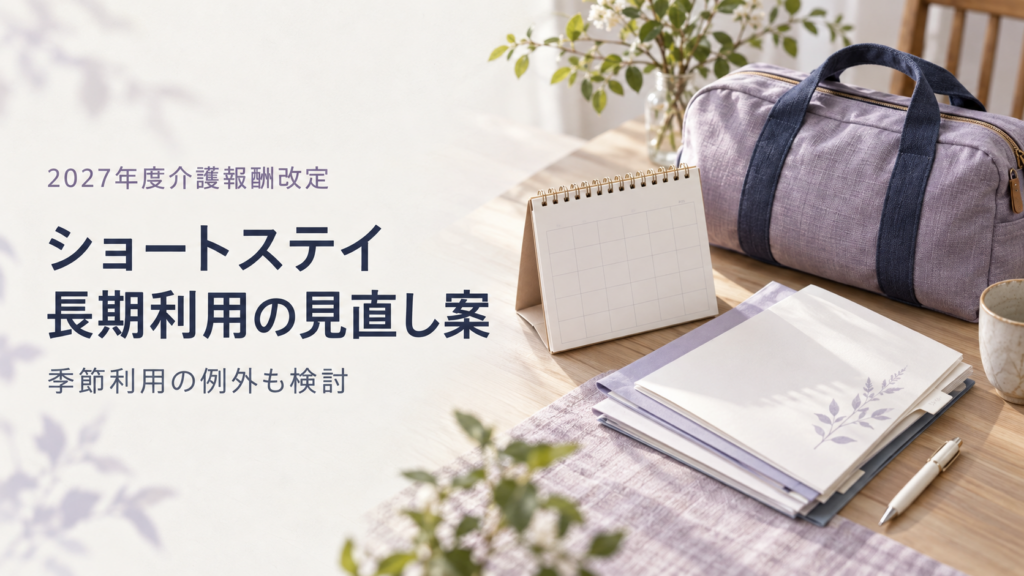 宿泊用バッグ、卓上カレンダー、書類を置いた明るい机を背景に、「ショートステイ 長期利用の見直し案」「季節利用の例外も検討」と表示した画像。