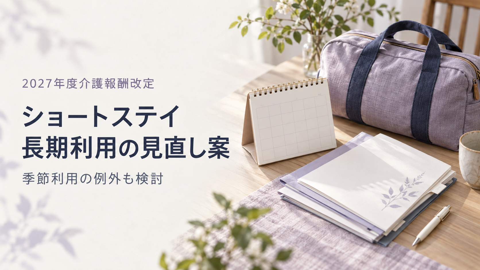 宿泊用バッグ、卓上カレンダー、書類を置いた明るい机を背景に、「ショートステイ 長期利用の見直し案」「季節利用の例外も検討」と表示した画像。
