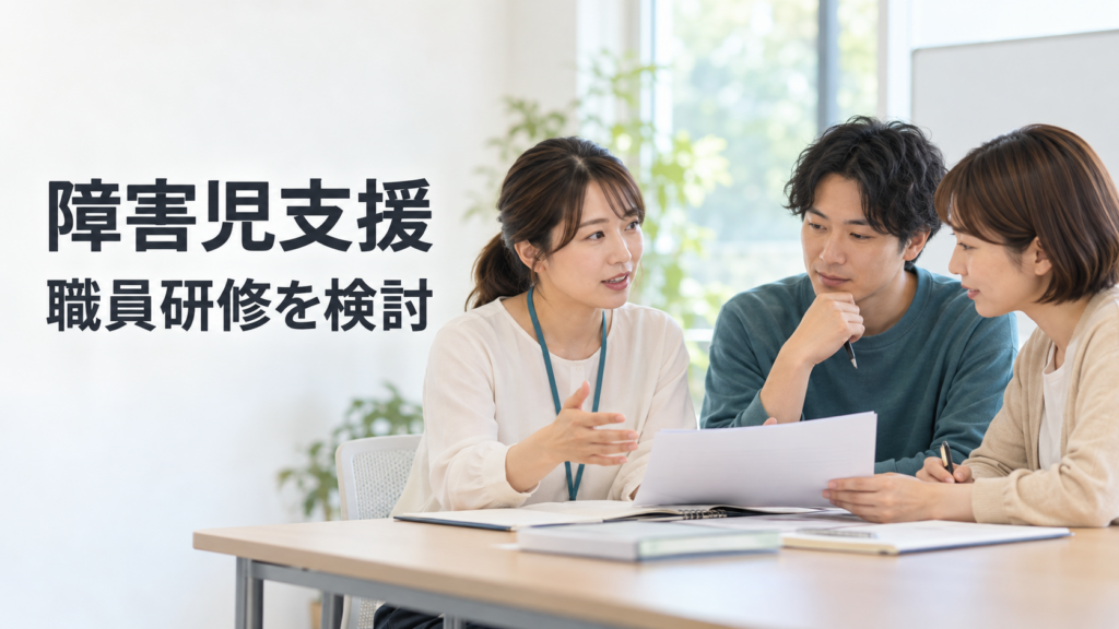 研修資料を囲んで話し合う職員3人の実写風イメージ。左側に「障害児支援」「職員研修を検討」の文字。