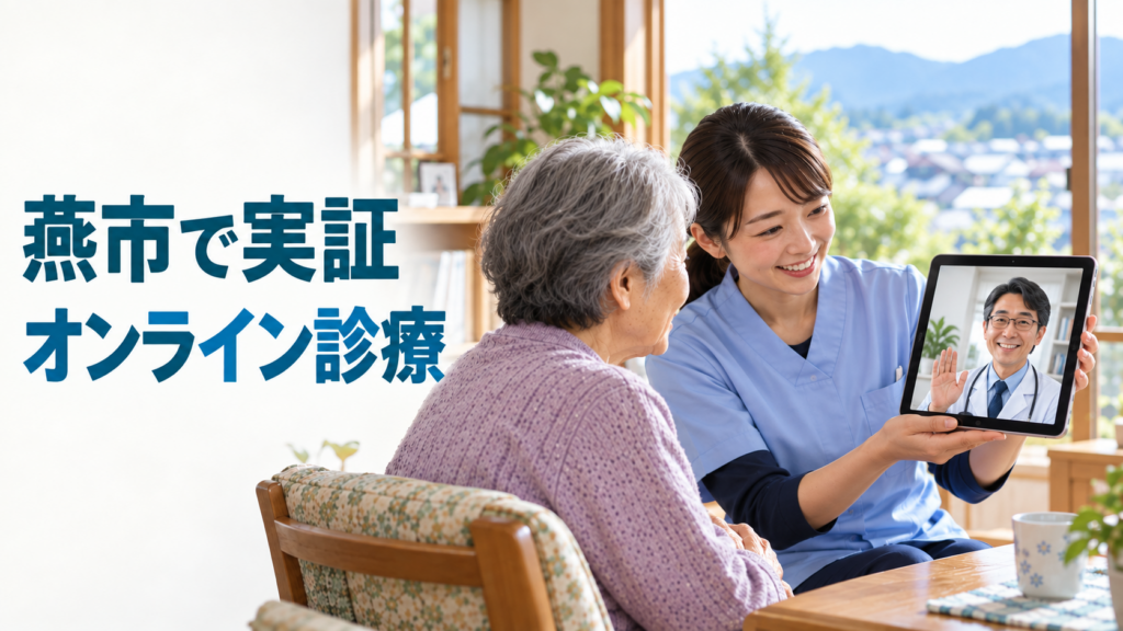 自宅で高齢者のそばにいる訪問看護師が、画面に医師が映るタブレットを持ってオンライン診療を支える実写風のイメージ