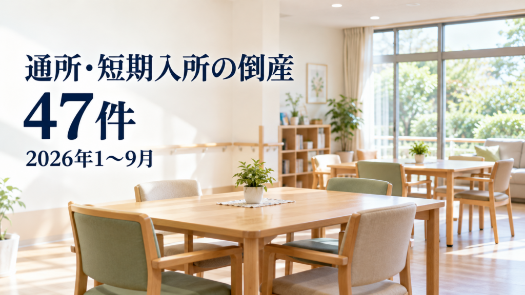 通所介護施設をイメージした写真風の室内に、「通所・短期入所の倒産 47件 2026年1～9月」と記した画像