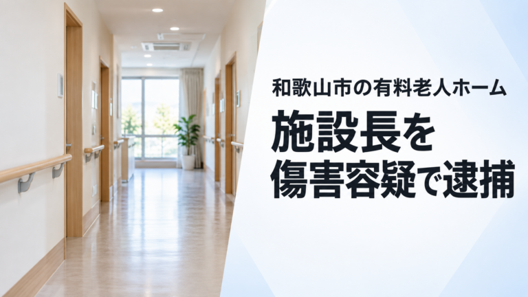 一般的な介護施設をイメージした、手すりのある無人の廊下。右側に「和歌山市の有料老人ホーム」「施設長を傷害容疑で逮捕」の文字。実際の施設や現場を写した画像ではない。