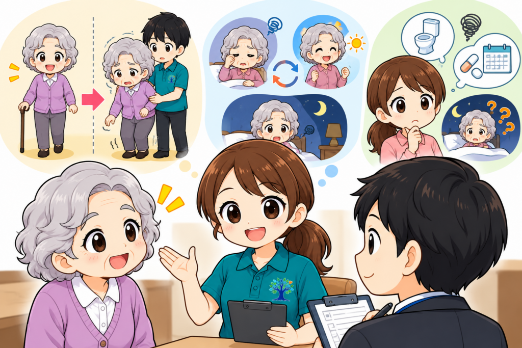 要介護認定の認定調査で普段の状態を正しく伝えるポイント。できる動作と普段の生活動作の違い、日による体調の変化、家族が伝えたい介護の負担を示したイラスト
