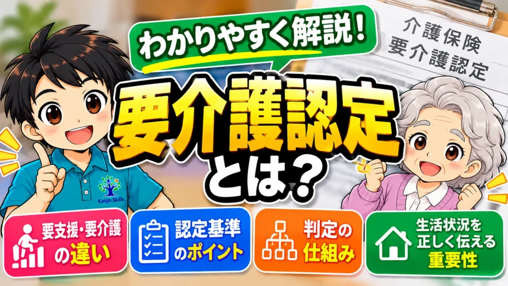 要介護認定とは何かを解説するアイキャッチイラスト。要支援と要介護の違い、認定基準、判定の仕組み、生活状況を正しく伝える重要性を紹介。